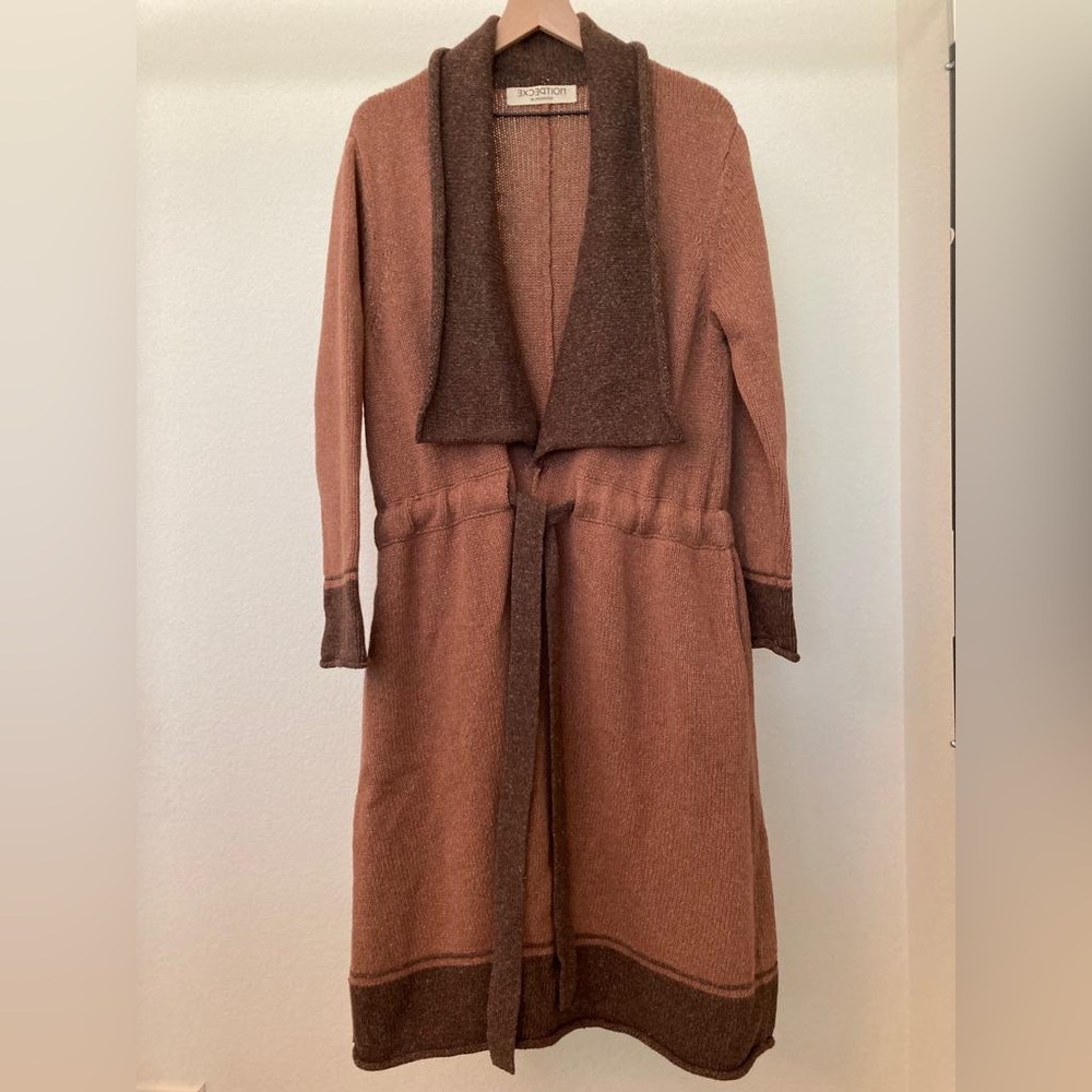 Stylish 2-tone Brown Long Sweater. Wool and linen, with drawstring waist.